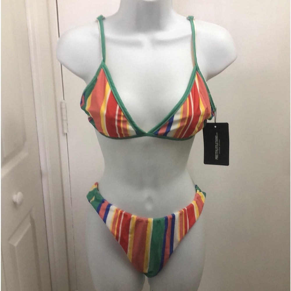 PRETTYLITTLETHING MULTI STRIPE V FRONT BRAZILIAN BIKINI/ ITSY BITSY TOP •16• NWT - Picture 16 of 17